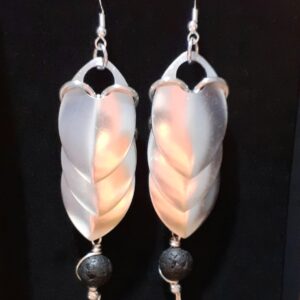 Chainmaille Dragon Scales Earrings with Lava Stone Beads - handmade by Quiet Space Arts (view 3)