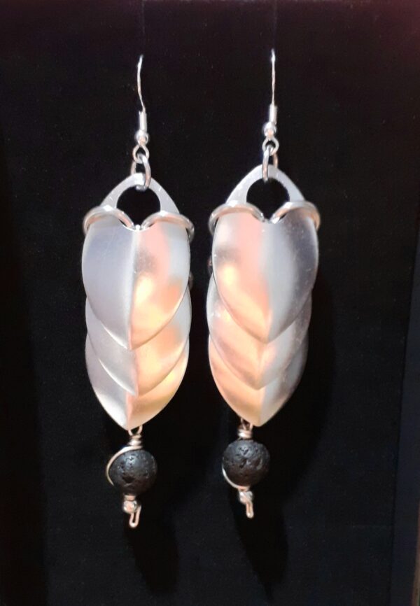 Chainmaille Dragon Scales Earrings with Lava Stone Beads - handmade by Quiet Space Arts (view 3)