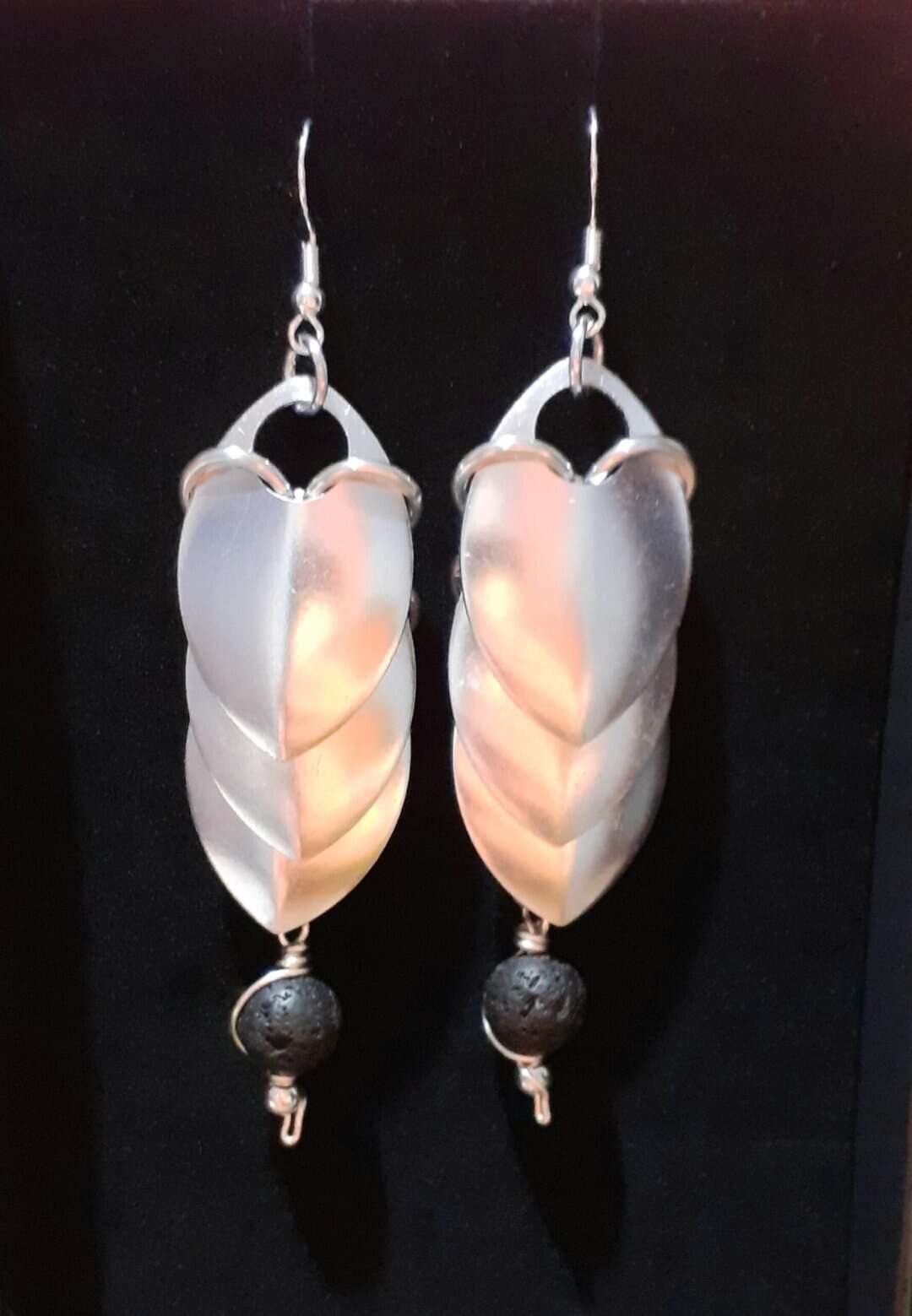 Chainmaille Dragon Scales Earrings with Lava Stone Beads - handmade by Quiet Space Arts (view 3)