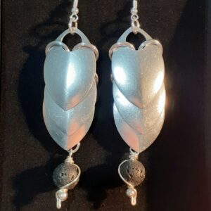 Chainmaille Dragon Scales Earrings with Lava Stone Beads - handmade by Quiet Space Arts (view 2)