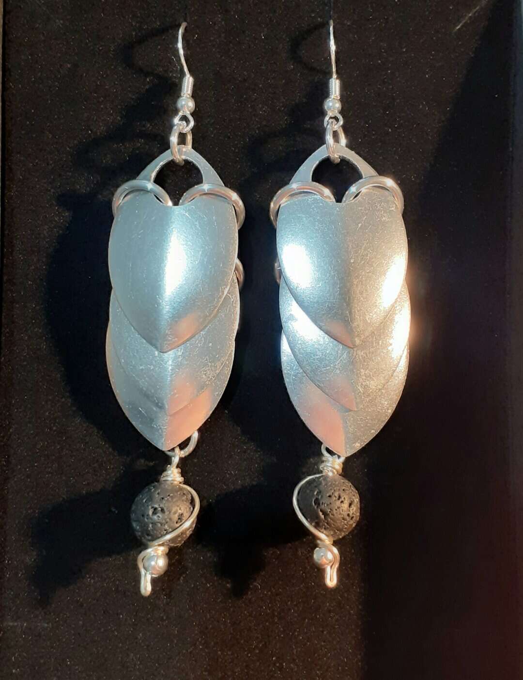 Chainmaille Dragon Scales Earrings with Lava Stone Beads - handmade by Quiet Space Arts (view 2)