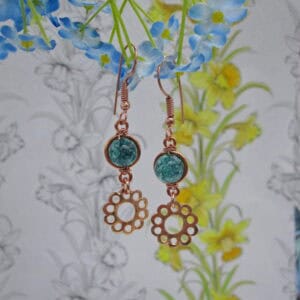 Drop earrings with teal blue crackle quartz on rose gold plated ear wires.