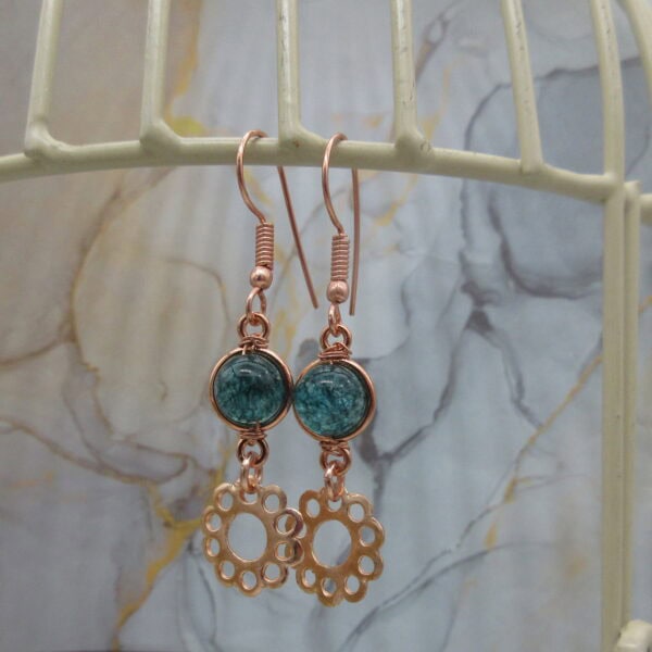 Drop earrings with teal blue crackle quartz on rose gold plated ear wires.