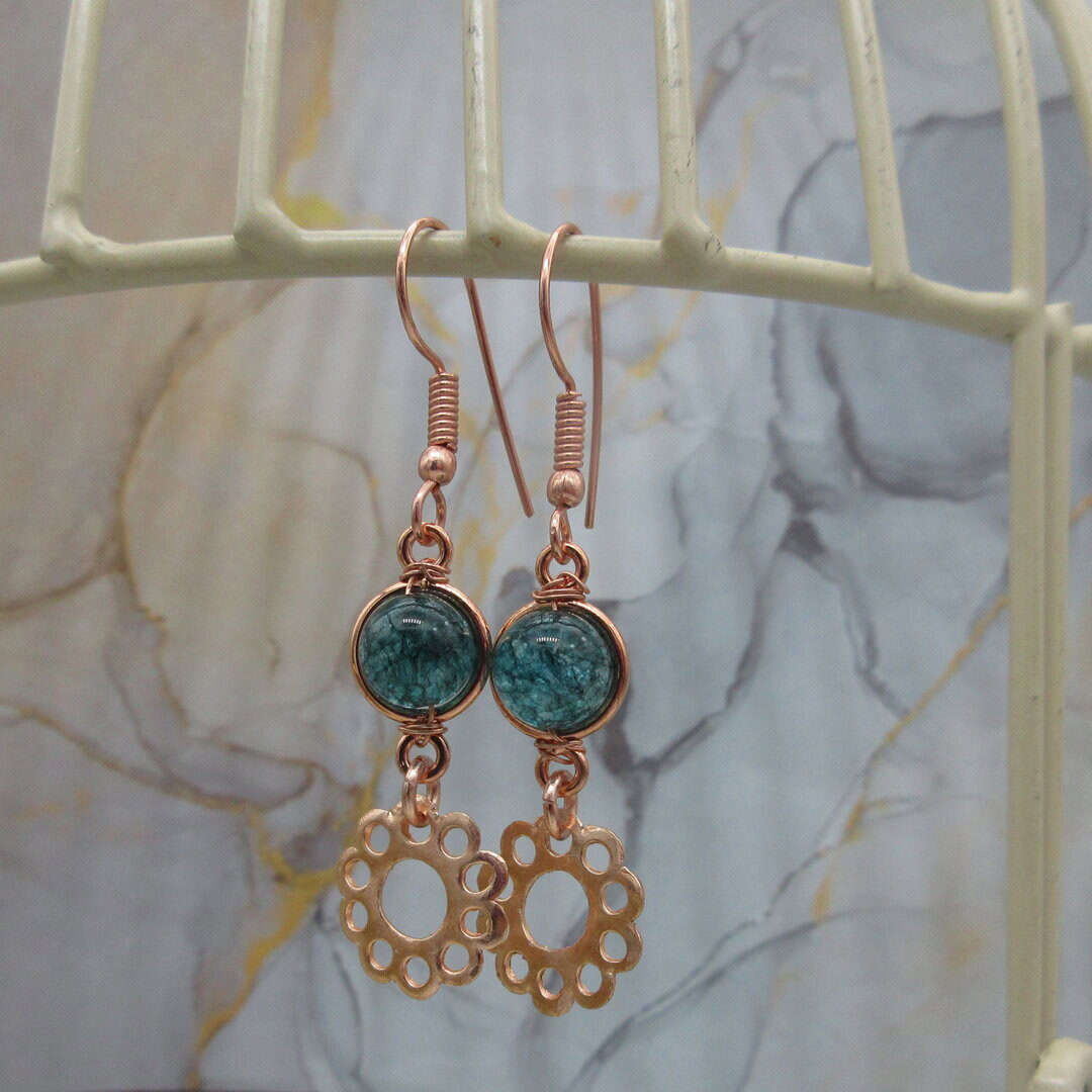 Drop earrings with teal blue crackle quartz on rose gold plated ear wires.