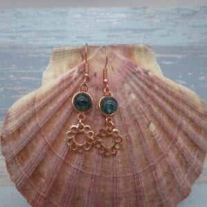 Drop earrings with teal blue crackle quartz on rose gold plated ear wires.