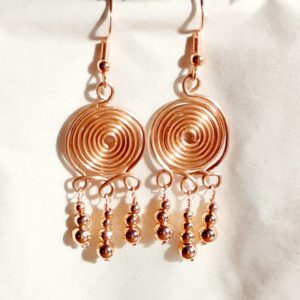 Copper Spiral Triple Copper Beaded Dangly Earrings - handmade by Quiet Space Arts (view 2)