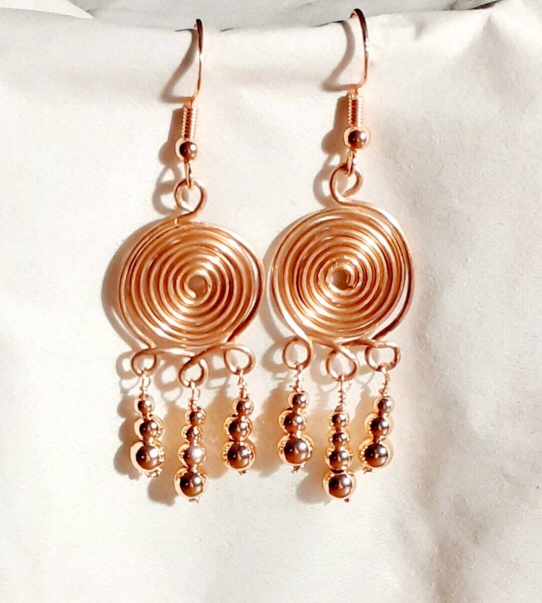 Copper Spiral Triple Copper Beaded Dangly Earrings - handmade by Quiet Space Arts (view 2)