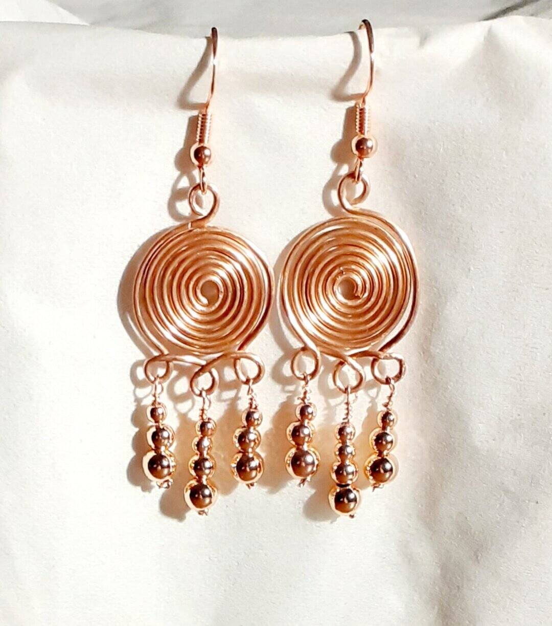 Copper Spiral Triple Copper Beaded Dangly Earrings - handmade by Quiet Space Arts