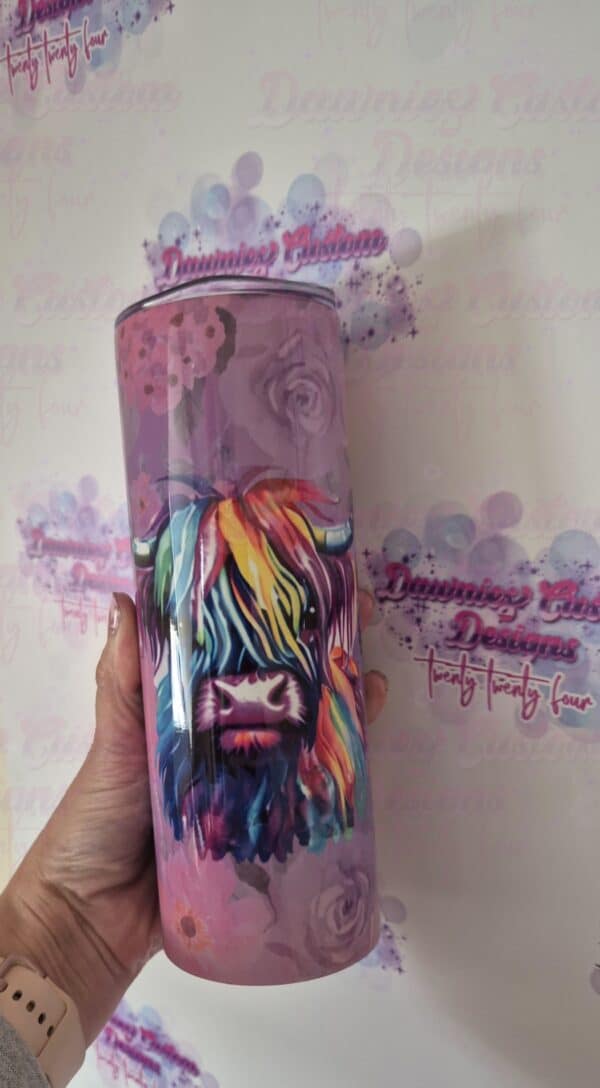 Pink Flower Highland Cow 20oz Tumbler