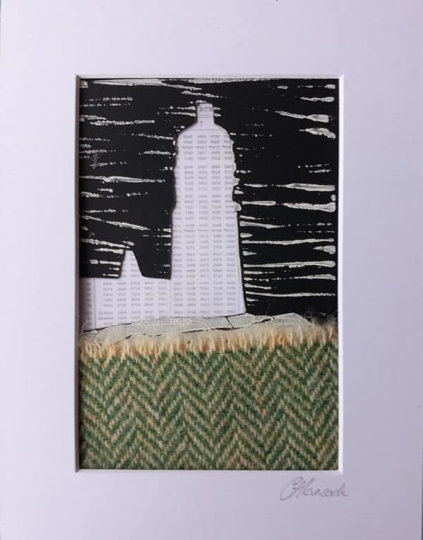 Lino print with Neist Point Lighthouse depicted using Log Tables with Harris Tweed moor