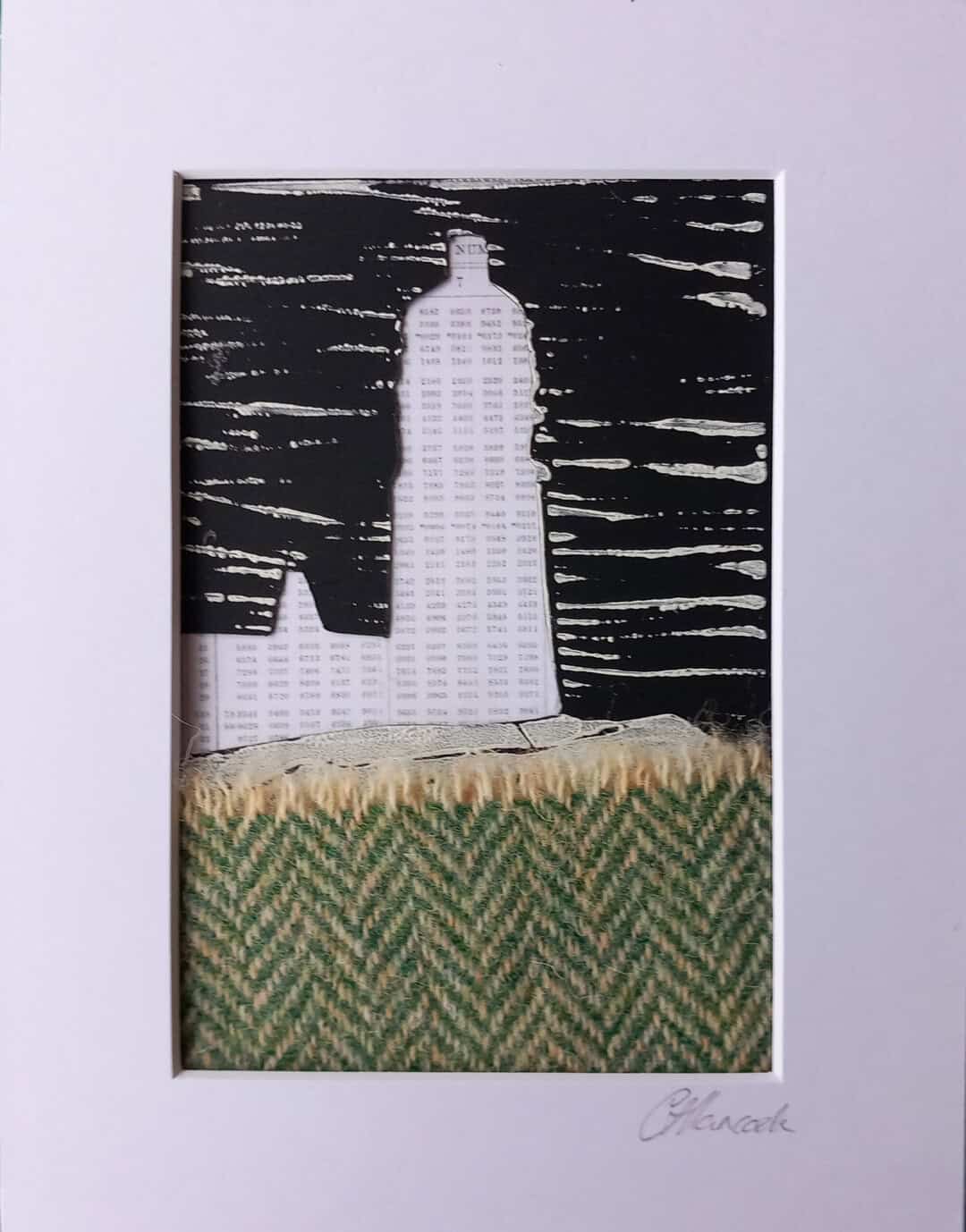 Lino print with Neist Point Lighthouse depicted using Log Tables with Harris Tweed moor
