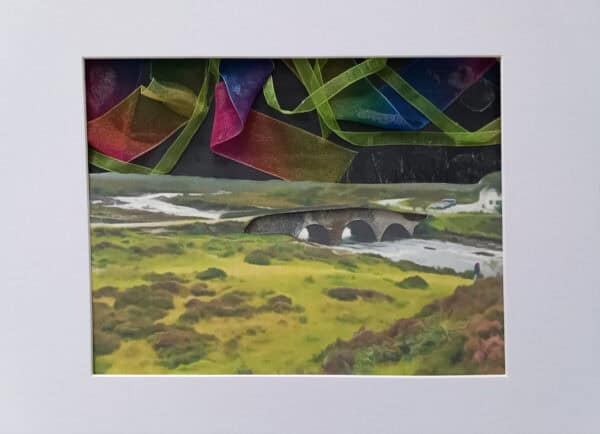 Unique collage using reclaimed roof tile from Skye croft cottage and multi coloured ribbon to depict Northern Lights