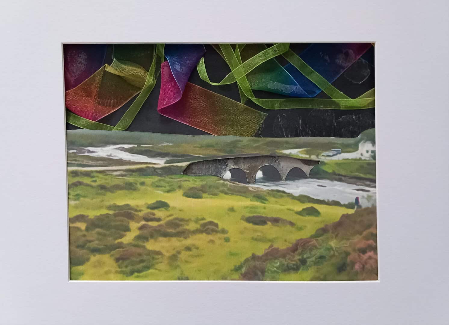 Unique collage using reclaimed roof tile from Skye croft cottage and multi coloured ribbon to depict Northern Lights