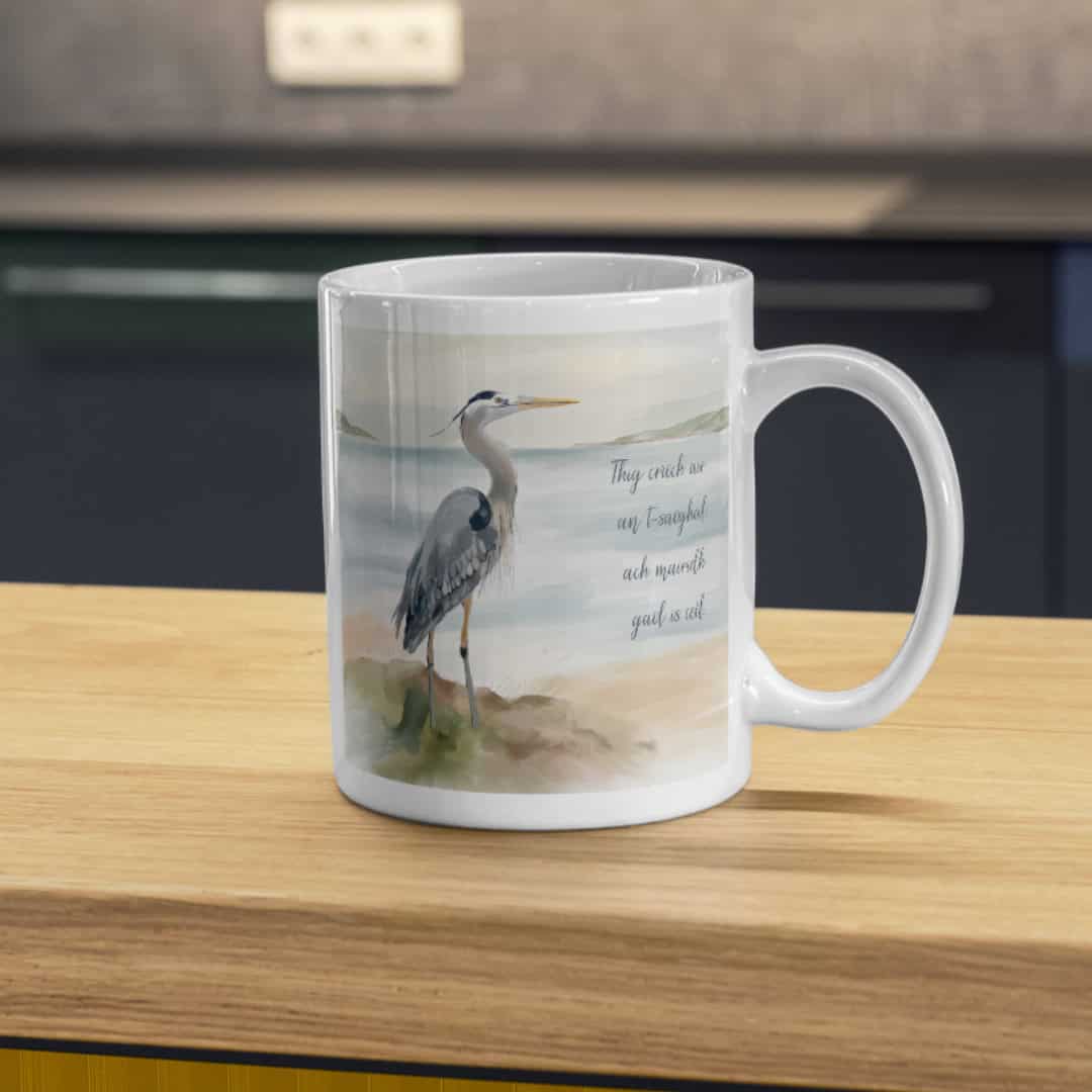 Heron Mug with Gaelic and English Proverb