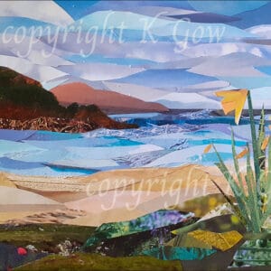 An image of the full cover of a notebook with a design featuring daffodils by the sea.