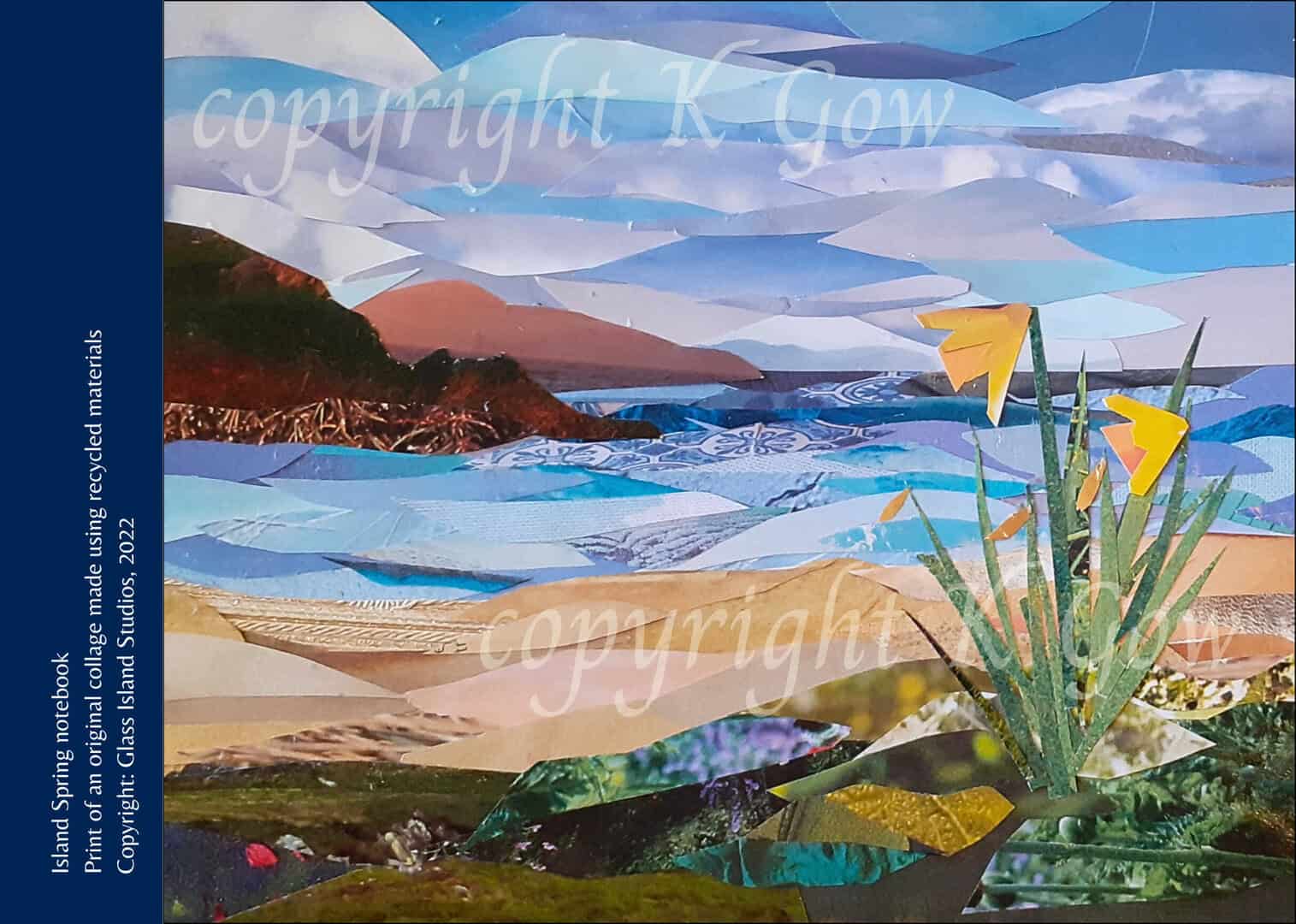 An image of the full cover of a notebook with a design featuring daffodils by the sea.