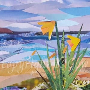 A watermarked image of a collage depicting daffodils by the sea