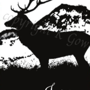 Black and white artist impression of a stag silhouetted against a mountain with the word 'Jura' below