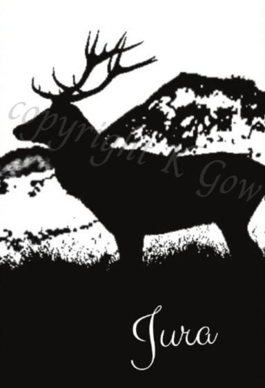Black and white artist impression of a stag silhouetted against a mountain with the word 'Jura' below