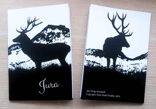 Photo of two notebooks of the same design featuring a black and white artist impression of two stags silhouetted against mountains. One notebook is face up and the other is face down.