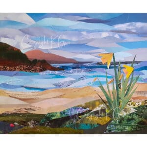 Watermarked copy of a collage showing daffodils by a beach with islands in the distance,
