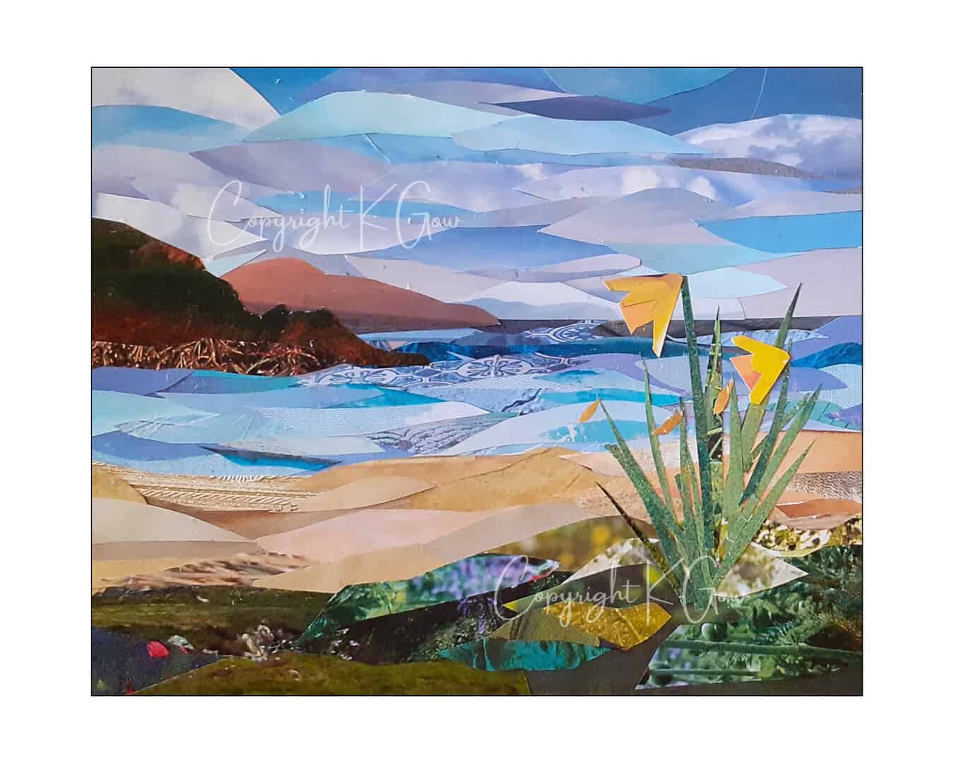 Watermarked copy of a collage showing daffodils by a beach with islands in the distance,