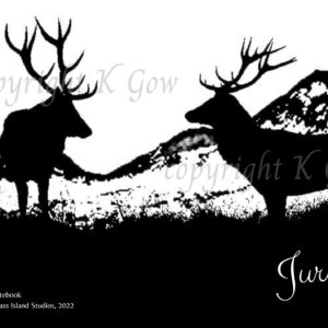 Black and white artist impression of two stags silhouetted against mountains.
