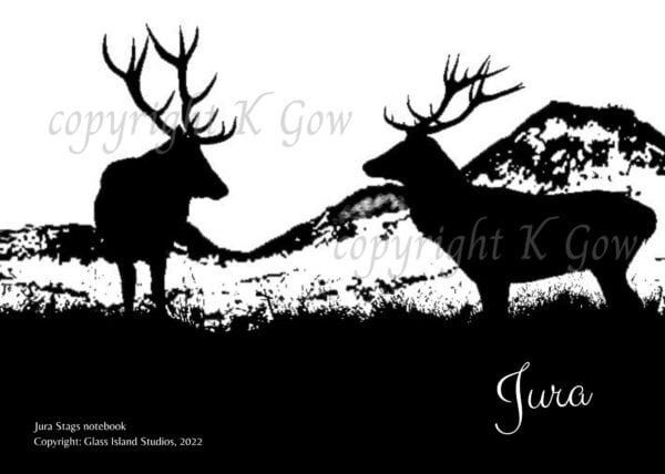 Black and white artist impression of two stags silhouetted against mountains.