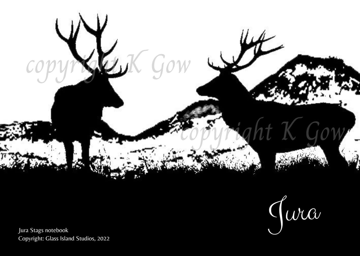 Black and white artist impression of two stags silhouetted against mountains.