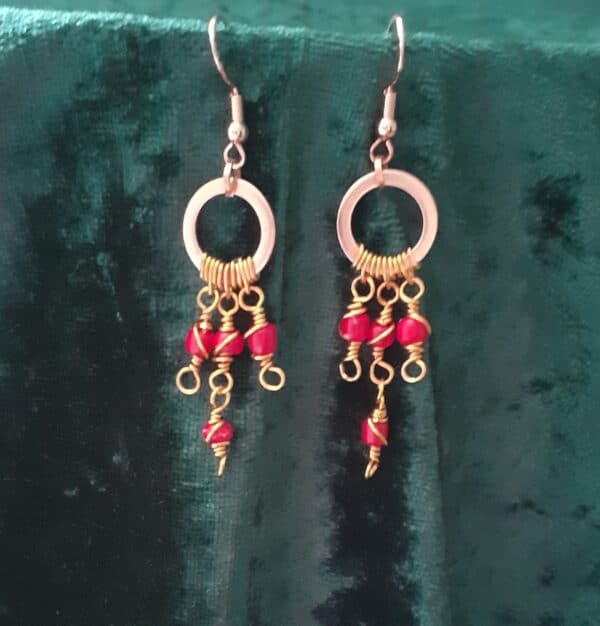 Copper Boho Swirly Red Beaded Drop ~ Earrings