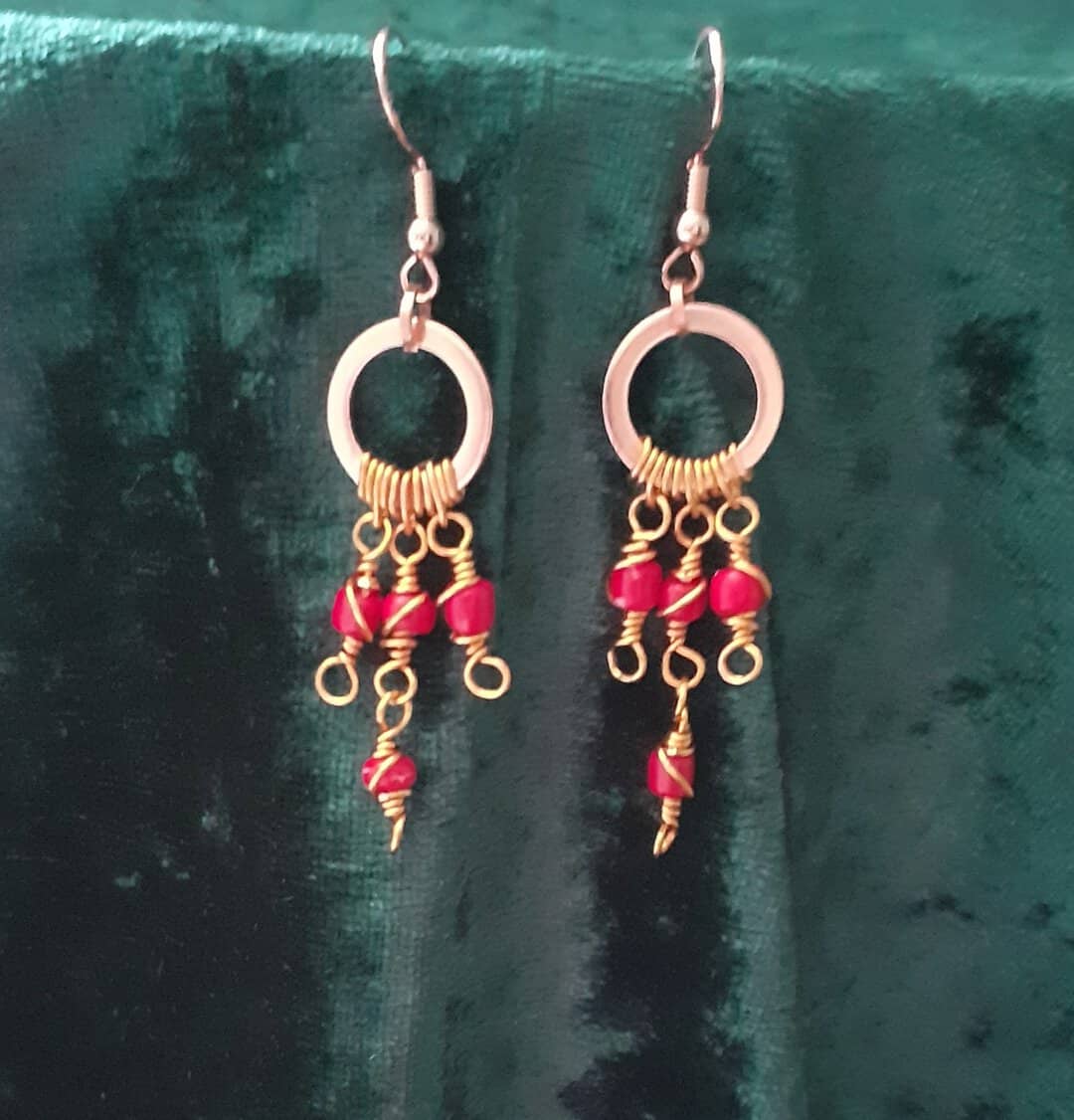 Copper Boho Swirly Red Beaded Drop ~ Earrings - Image 1