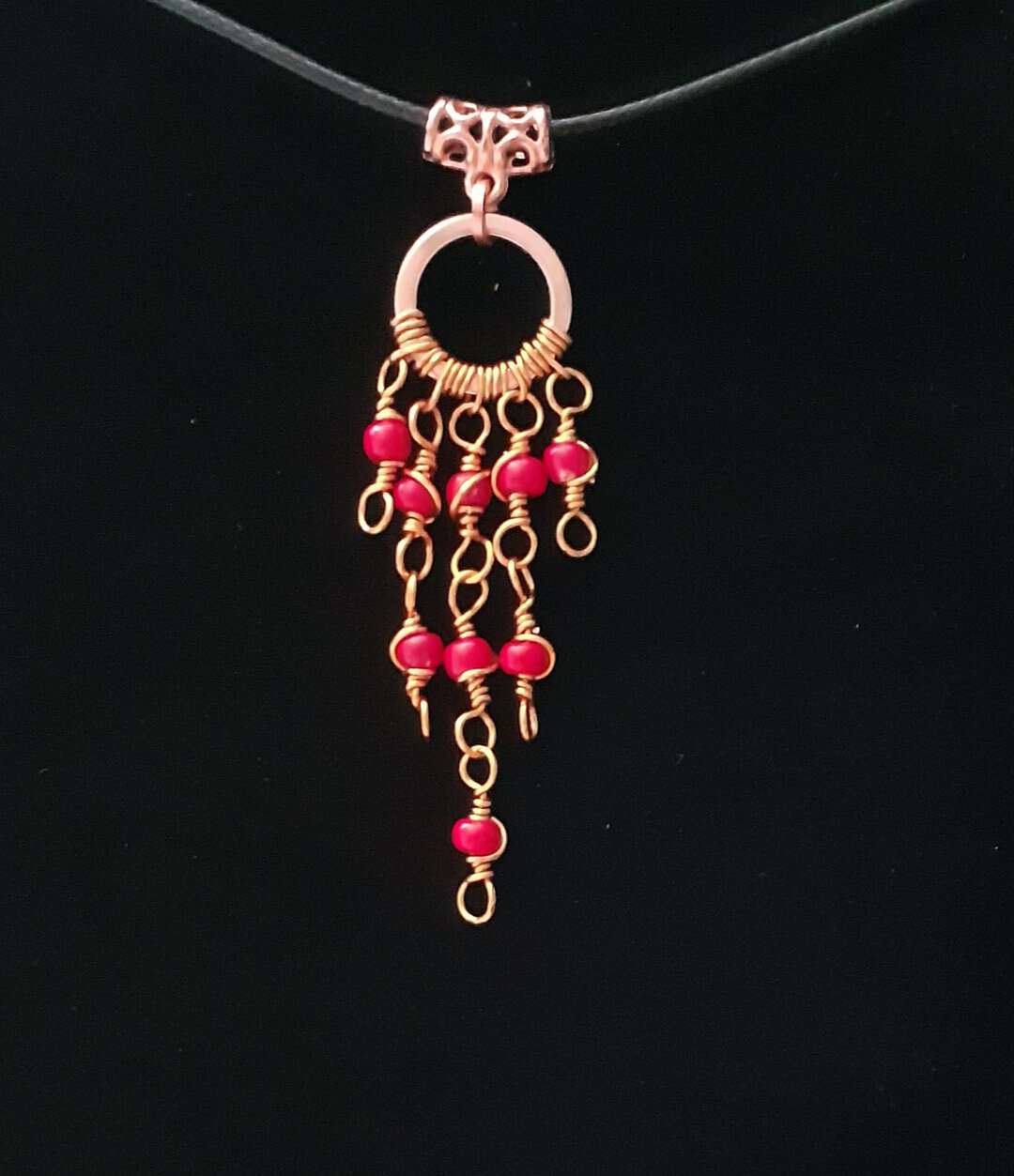 Copper Boho Swirly Red Beaded Drop ~ Necklace - Image 1