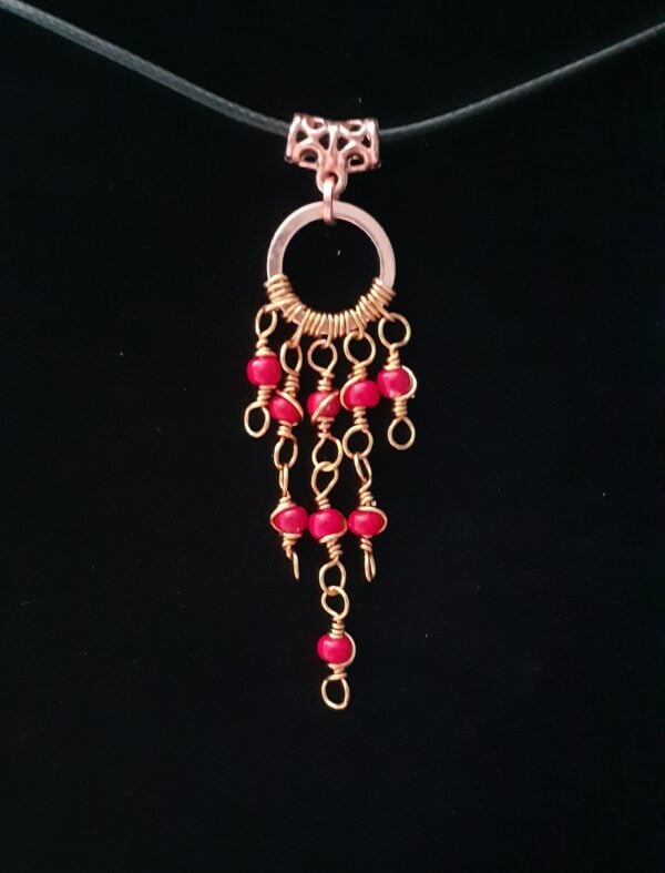 Copper Boho Swirly Red Beaded Drop ~ Necklace