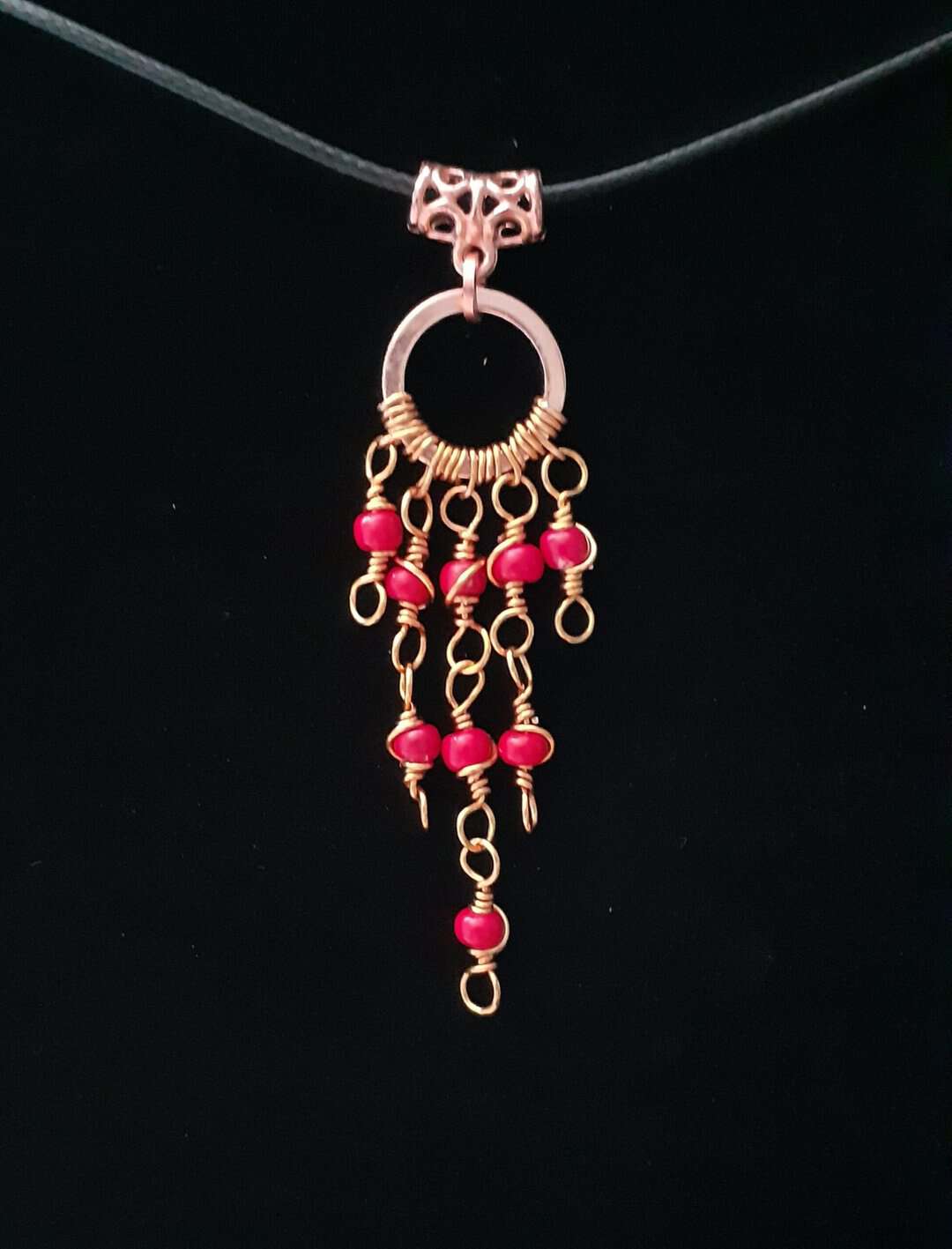 Copper Boho Swirly Red Beaded Drop ~ Necklace - Image 2