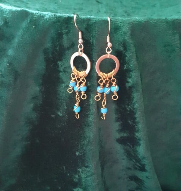 Copper Boho Swirly Blue Beaded Drop ~ Earrings