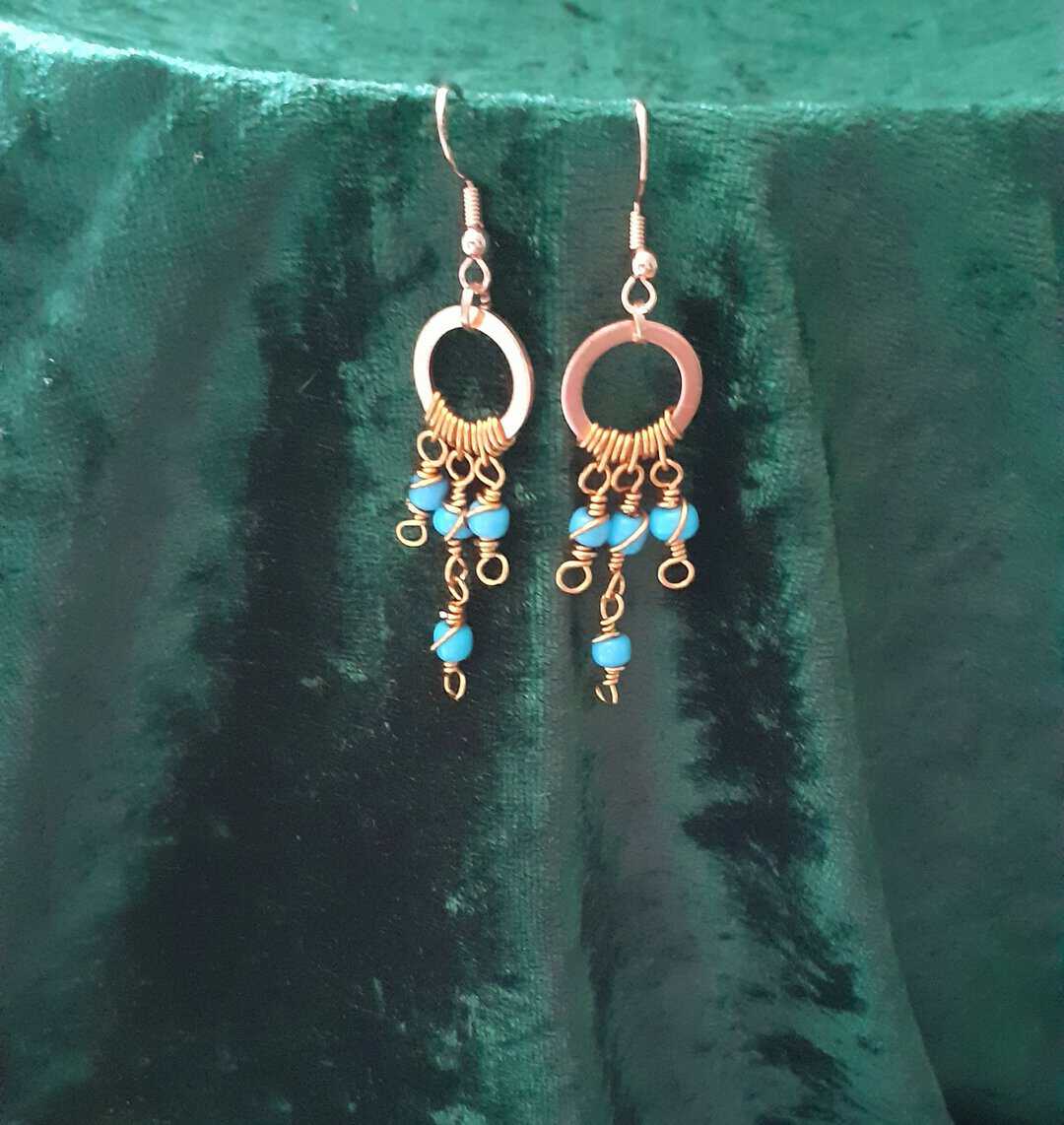 Copper Boho Swirly Blue Beaded Drop ~ Earrings - Image 2