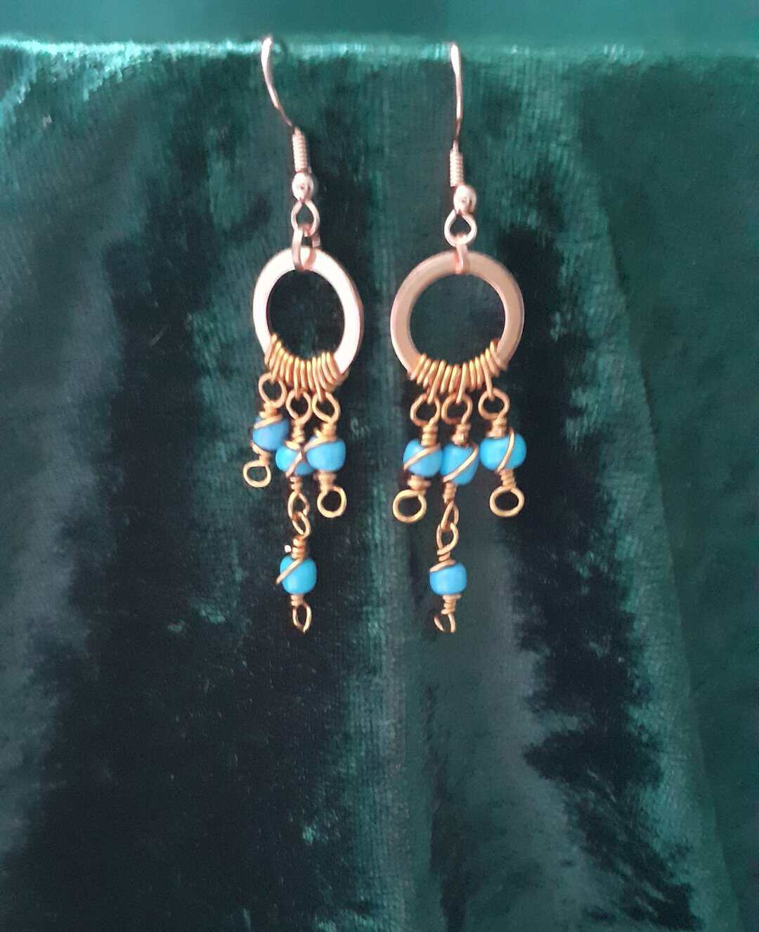 Copper Boho Swirly Blue Beaded Drop ~ Earrings - Image 3