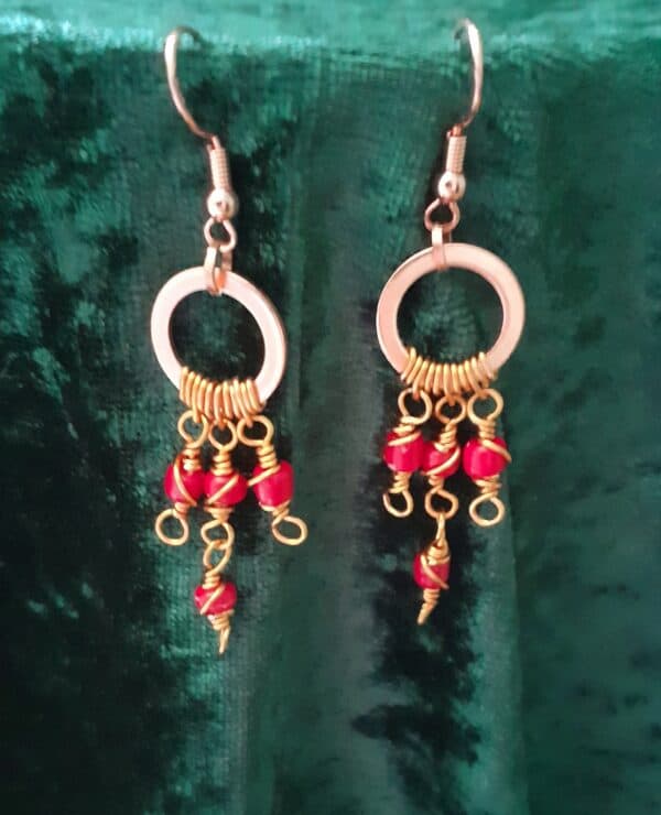 Copper Boho Swirly Red Beaded Drop ~ Earrings