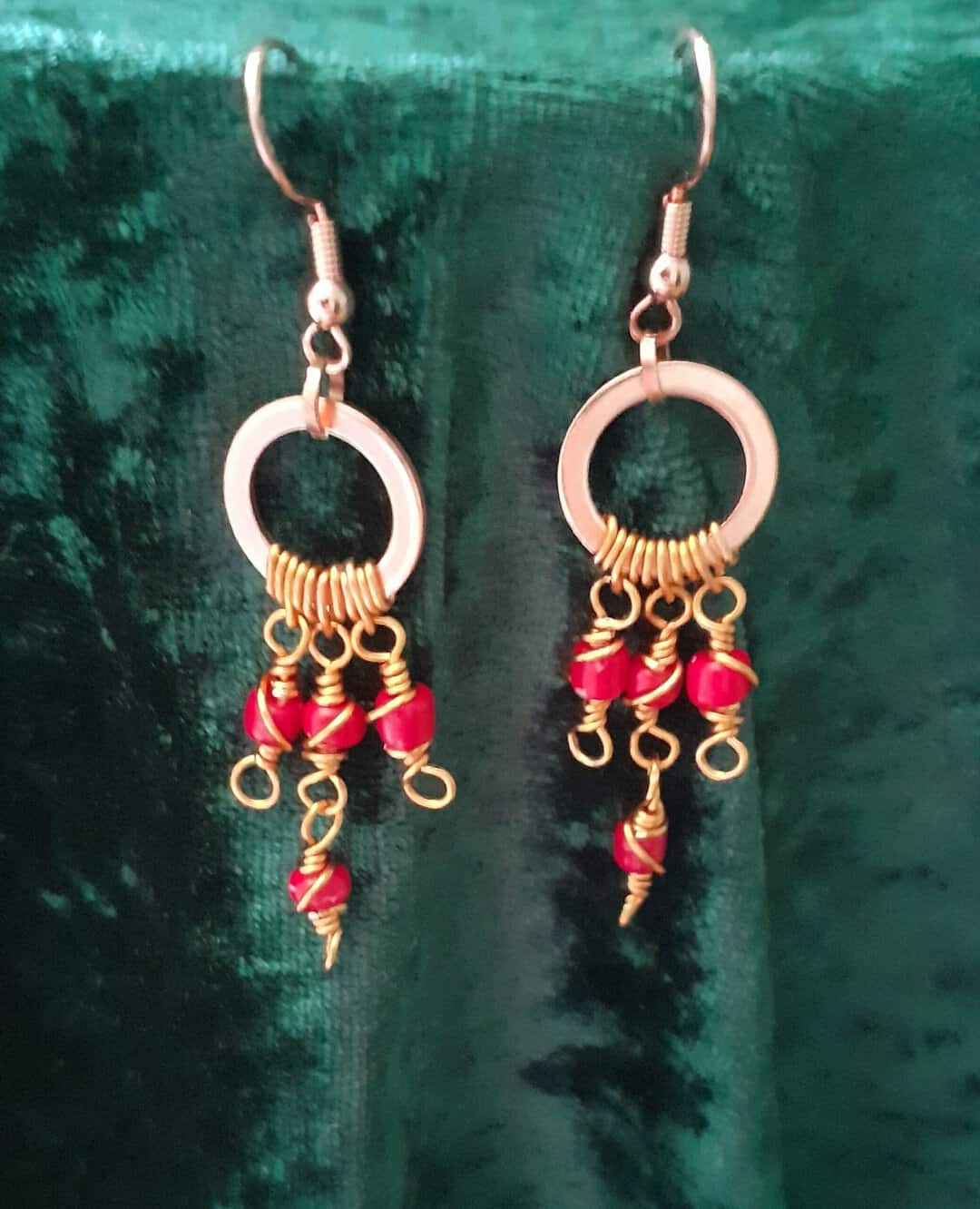 Copper Boho Swirly Red Beaded Drop ~ Earrings - Image 2