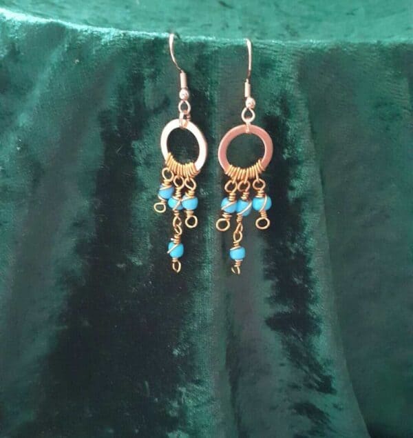 Copper Boho Swirly Blue Beaded Drop ~ Earrings
