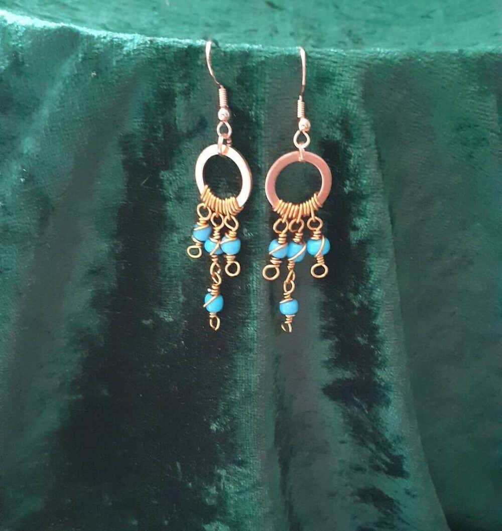 Copper Boho Swirly Blue Beaded Drop ~ Earrings - Image 1