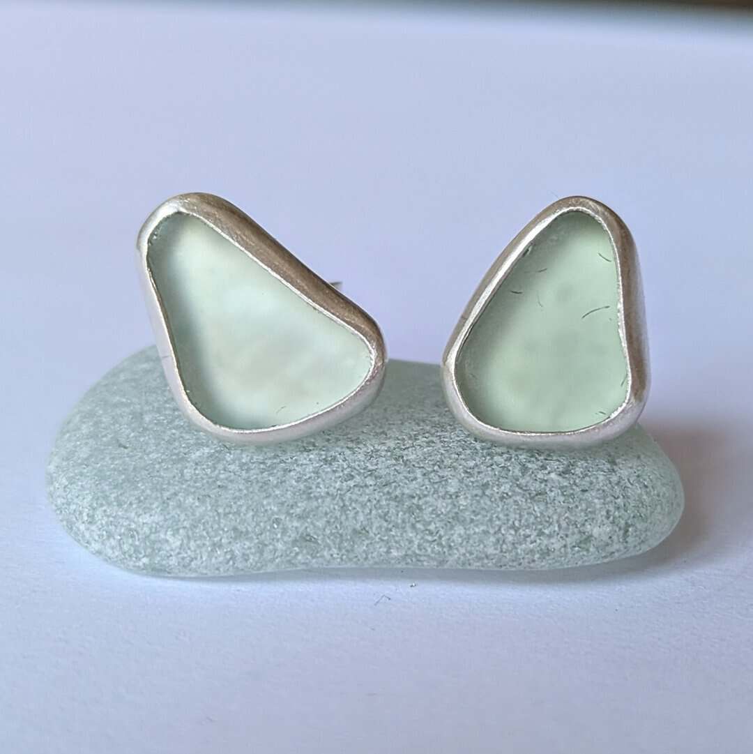 Pale Blue Sea Glass Studs Handmade in Recycled Sterling Silver - Image 1