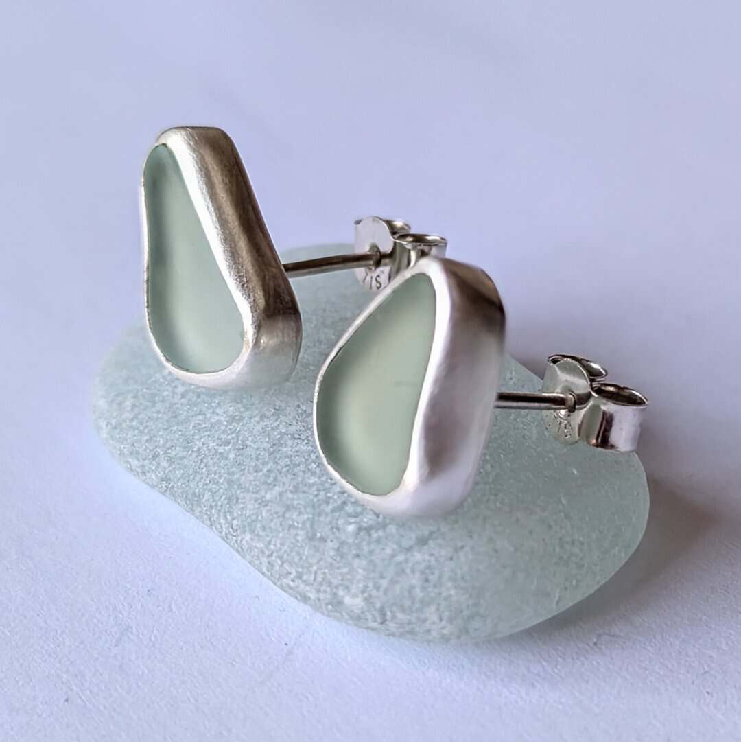 Pale Blue Sea Glass Studs Handmade in Recycled Sterling Silver - Image 3