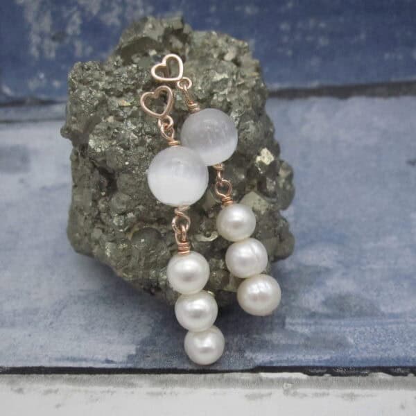 Selenite and Pearl Earrings, with rose gold plated sterling silver ear posts