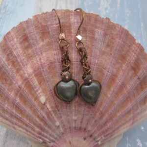 Wire Wrapped earrings with heart shaped pyrite, steampunk style, antique copper wire.