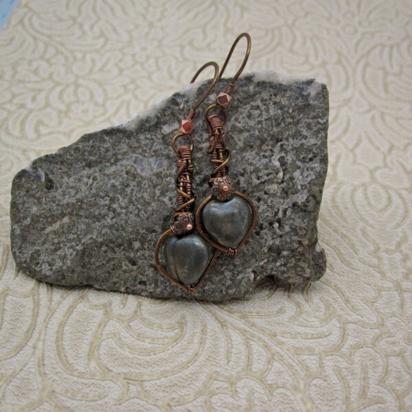 Wire Wrapped earrings with heart shaped pyrite, steampunk style, antique copper wire.