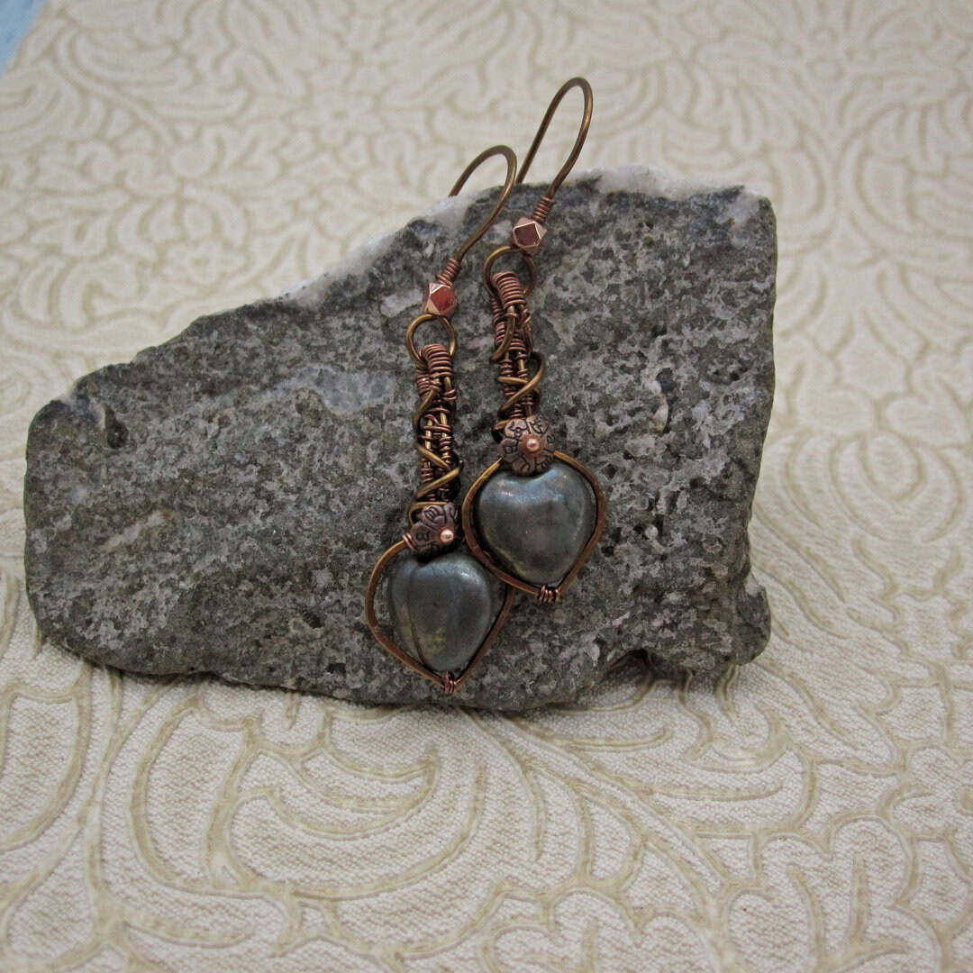 Wire Wrapped earrings with heart shaped pyrite, steampunk style, antique copper wire.