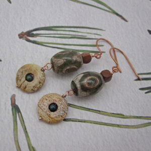 Agate Dzi Bead Earrings with Jasper, Rose Gold Plated - Image 3