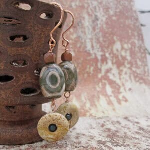 Agate Dzi Bead Earrings with Jasper, Rose Gold Plated - Image 1
