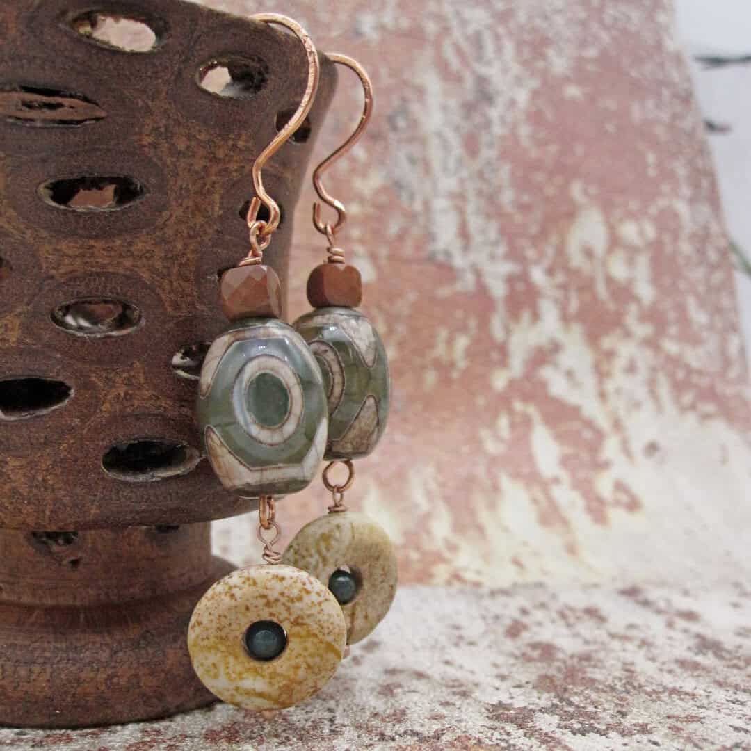 Agate Dzi Bead Earrings with Jasper, Rose Gold Plated - Image 1